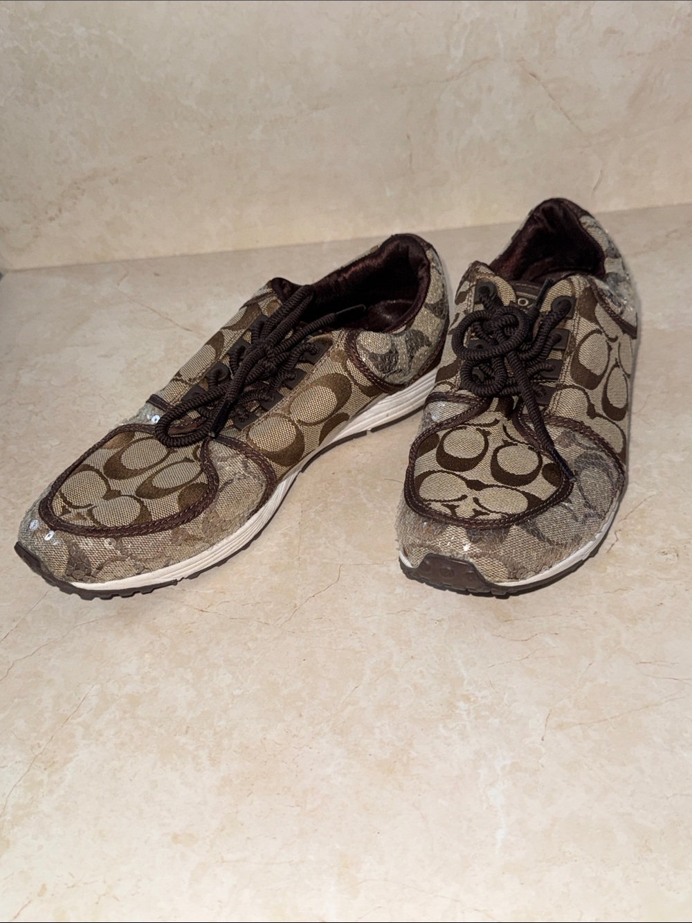 Coach Brown Signature Monogram Lace-Up Sneakers